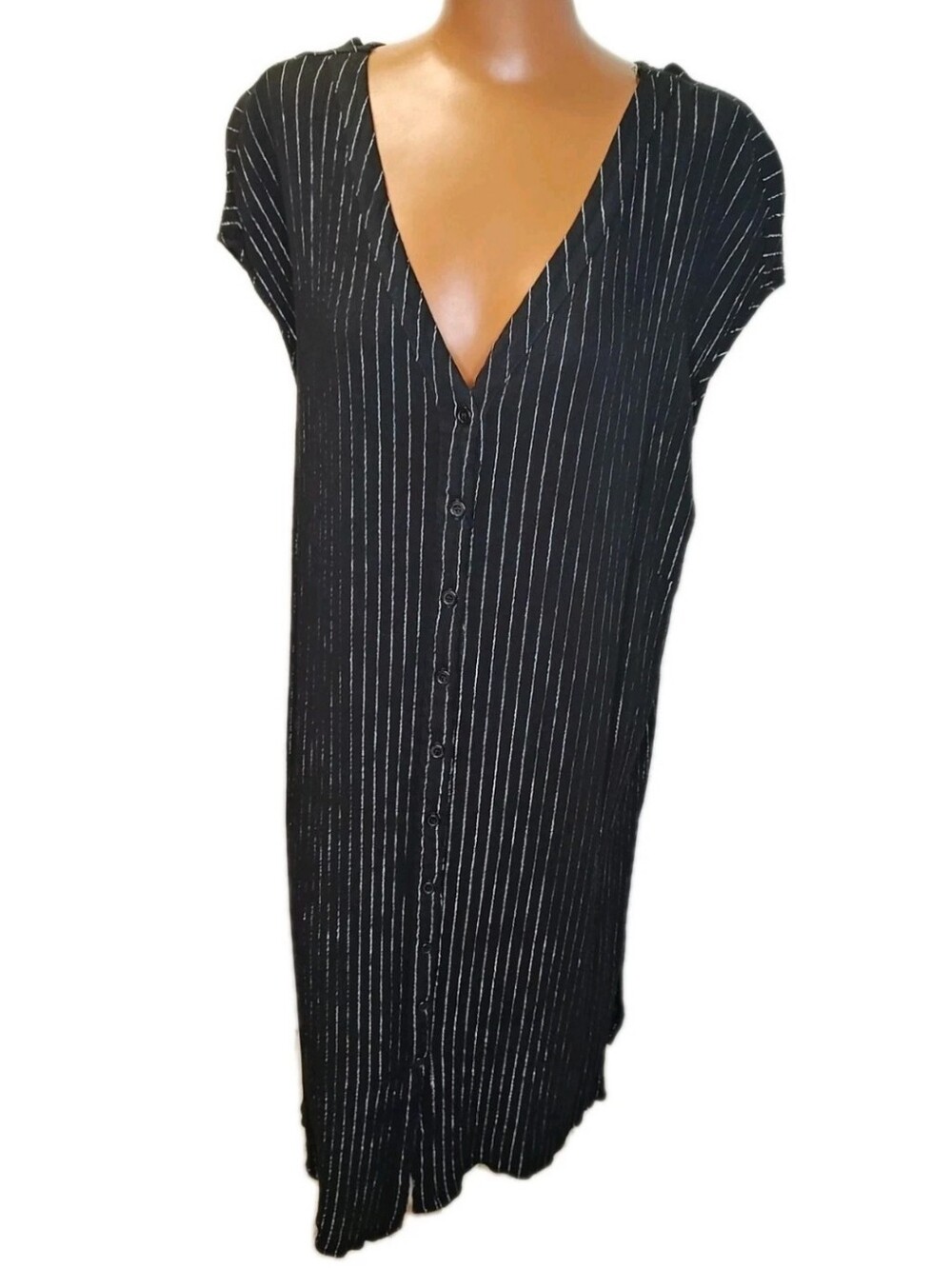 Avenue Midi Dress Plus 22/24W 3X Black Silver Pinstriped V-Neck Button Front
